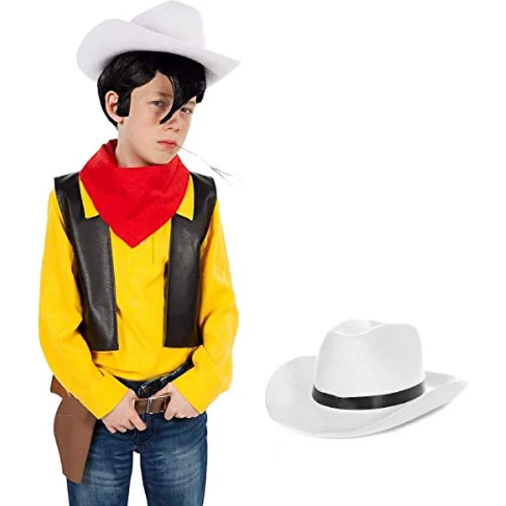 Maskworld Lucky Luke Kinderkostüm, 5-teiliges Cowboy-Set mit Hut, gelbes Hemd, schwarze Weste und Halstuch, Größe 110-116
