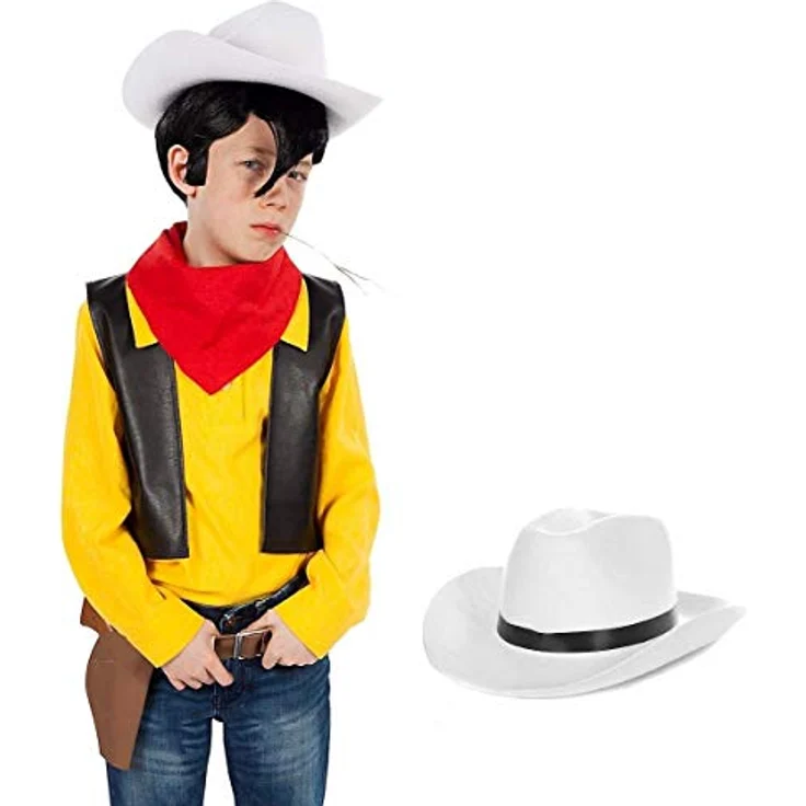 Maskworld Lucky Luke Kinderkostüm, 5-teiliges Cowboy-Set mit Hut, gelbes Hemd, schwarze Weste und Halstuch, Größe 110-116 – Bild 1