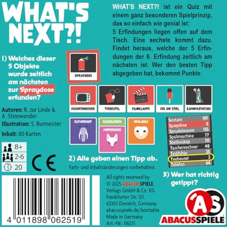 ABACUSSPIELE 06251 What's Next?! Kartenspiel, kommunikativer Spielmodus für 1 bis viele Spieler, 80 Karten, Rot – Bild 4