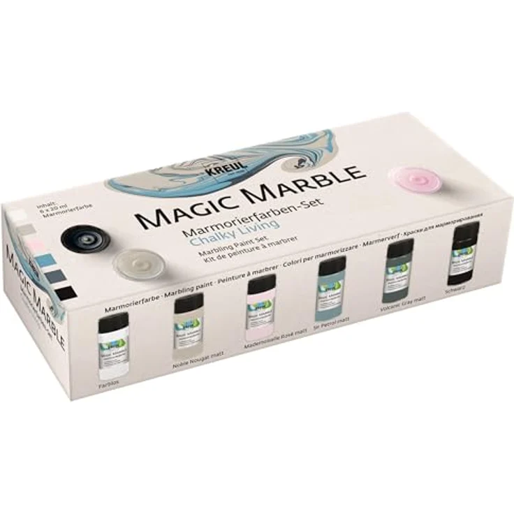 KREUL Magic Marble Marmorierfarbe, Chalky Living Set mit 6 x 20 ml in braun, rosa, petrol, grau, farblos und schwarz, für Tauchmarmorieren von Holz, Glas, Kunststoff, Papier und Styropor – Bild 1
