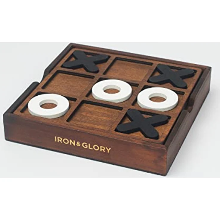 Iron And Glory Luckies Brettspiele-17774 Deluxe Tic-Tac-Toe aus Holz mit 10 Holz-Spielfiguren, braun/weißes Fell – Bild 3