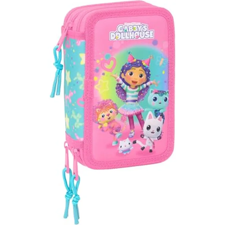 Safta GABBY'S Dollhouse Confetti Schulmäppchen, 37 Utensilien, ideal für Kinder von 5 bis 14 Jahren, strapazierfähiges Material, 12,5 x 5,5 x 19,5 cm, 1,3 l Fassungsvermögen