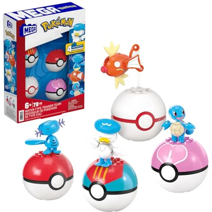 Mega Brands MEGA Pokémon Actionfigur Bauspielzeug-Set, Wasser-Typ Trainerteam mit 79 Teilen, 4 bewegliche Figuren, für Kinder ab 6 Jahren, JCT42