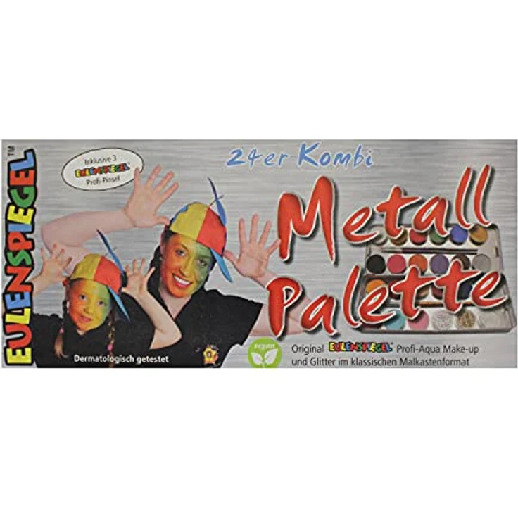 EULENSPIEGEL Schminkpalette 21 Farben 3 Glitzer 27 Teile Metalletui, Profi-Aqua Schminkfarben, dermatologisch getestet, vegan – Bild 2