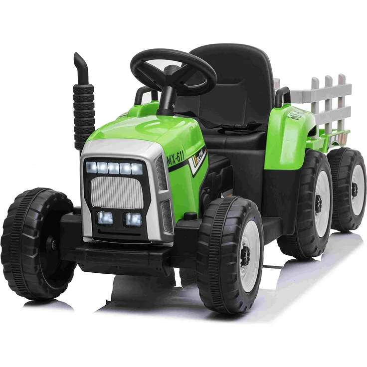 BoGi Traktor mit Anhänger, Kinder Elektrofahrzeug mit Fernbedienung, 12V, grün, Musik & Bluetooth, für 1 Kind, 2-5 Jahre