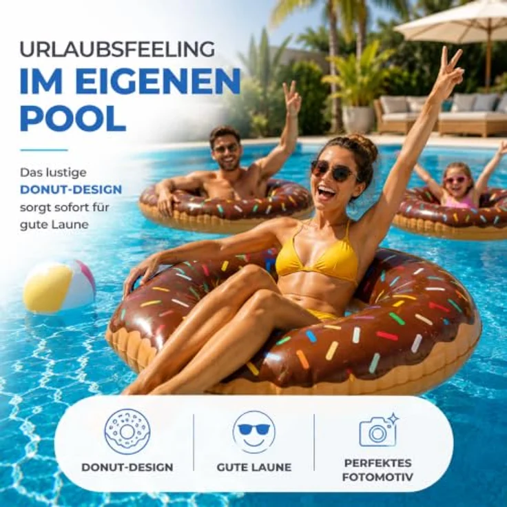 TK Gruppe Timo Klingler Aufblasbarer Donut Schwimmring braun Ø 120 cm mit Biss - Ideal für Pool, Strand und Wasseraktivitäten – Bild 4