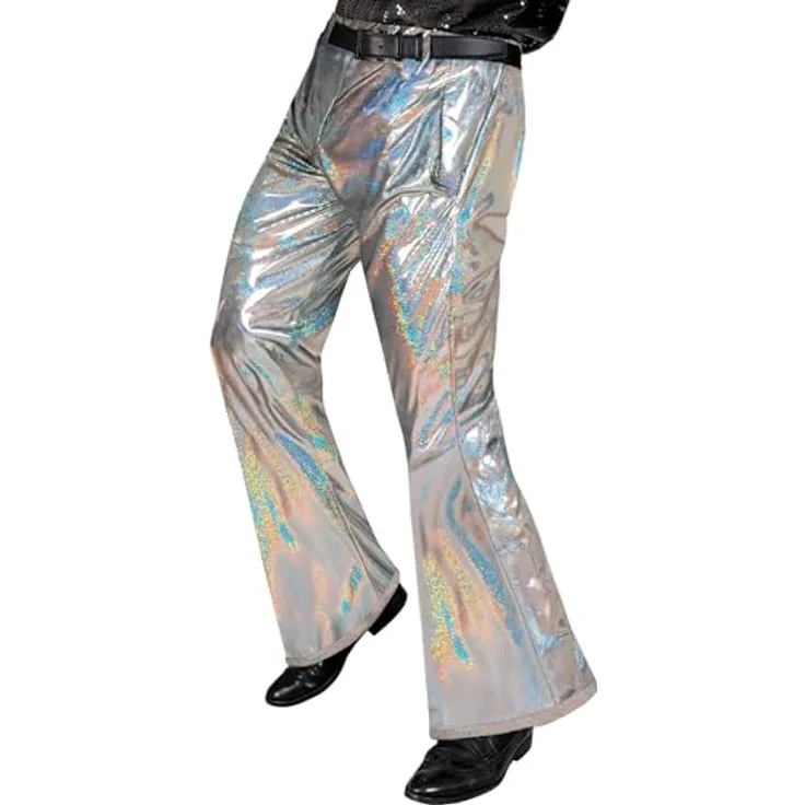 Widmann Disco Glitzer Herrenhose, silber, Schlaghose aus 100% Polyester für Fasching und Mottopartys, Größe XL