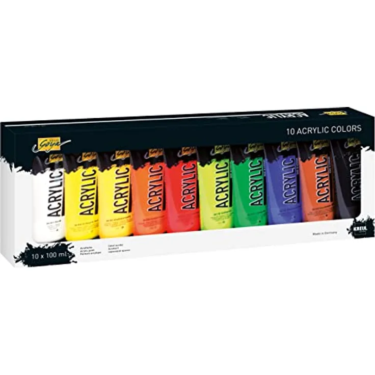 KREUL Solo Goya Acrylic Set, 10 Farben je 100 ml, cremige Acrylfarbe in Studienqualität, wasserbasis, schnell trocknend, gut deckend, wasserfest