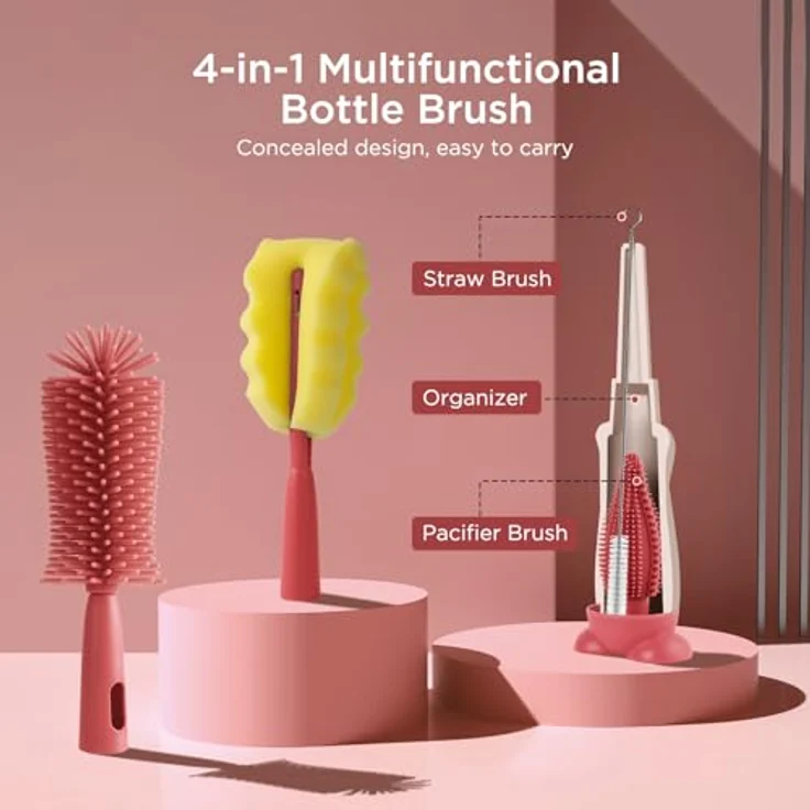 AiQInu Baby Flaschenbürste Set, Silikon 4-in-1 Reinigungsbürste mit 360°-Reinigung, BPA-frei, weiche Borsten und Nippelbürste, für Babyflaschen und Trinkbecher – Bild 2
