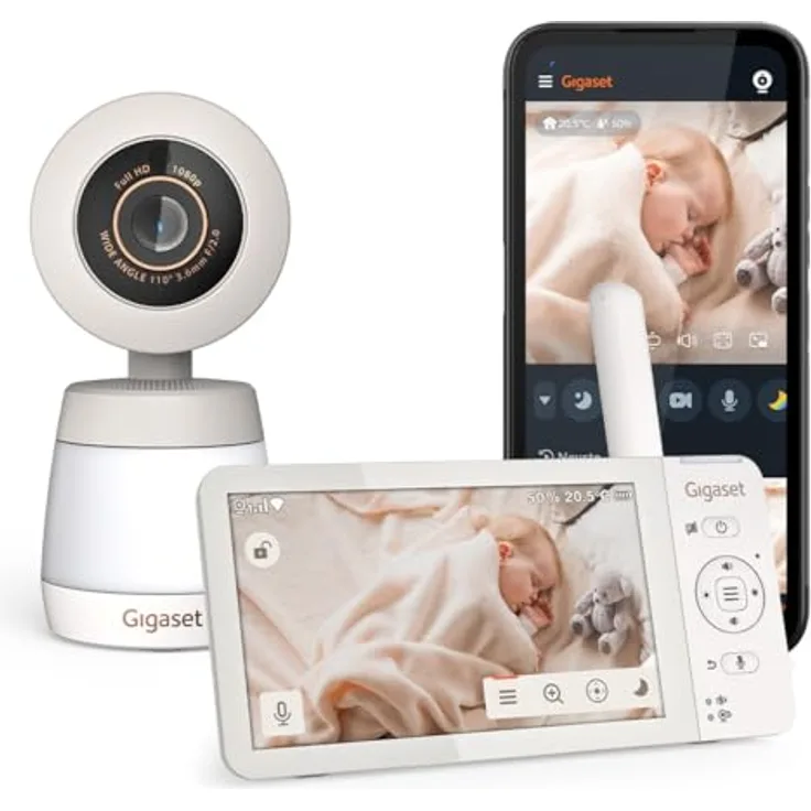 Gigaset Baby 700 Connected, Video-Babyphone mit 5,5" Full HD Touchscreen, sicherer FHSS & WLAN Übertragung, lange Akkulaufzeit, große Reichweite, mit Gigaset App, Cream White/Warm Grey