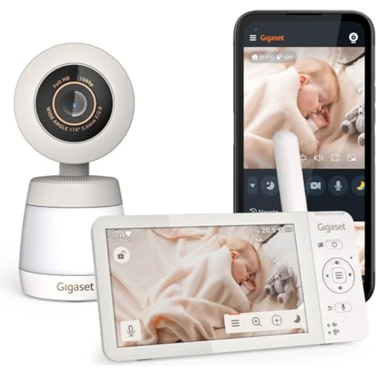 Gigaset Baby 700 Connected, Video-Babyphone mit 5,5" Full HD Touchscreen, sicherer FHSS & WLAN Übertragung, lange Akkulaufzeit, große Reichweite, mit Gigaset App, Cream White/Warm Grey – Bild 1