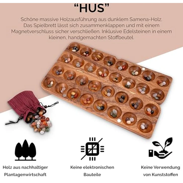 LOGOPLAY Hus Spiel mit Magnetverschluss, Holz-Ausführung für 2 Spieler, inkl. Edelsteinen und großem Stoffbeutel – Bild 5