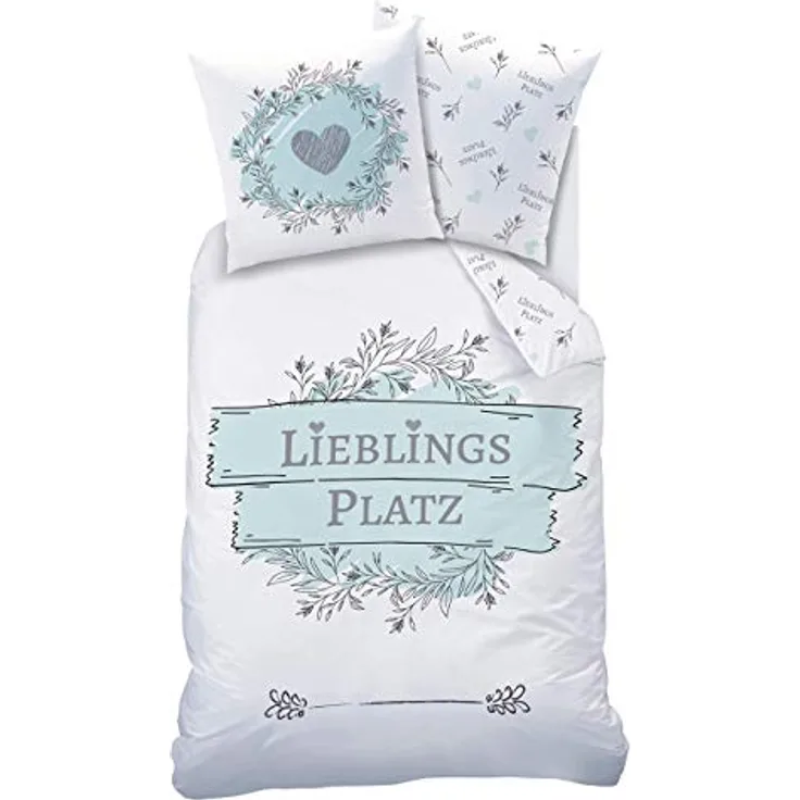 MTOnlinehandel LIEBLINGSPLATZ Bettwäsche 135x200 Baumwolle · Bettwäsche-Set · Teenager & Erwachsene, Blumen, Herz & Spruch - Kissenbezug 80x80 + Bettbezug 135x200 cm - 100% Baumwolle