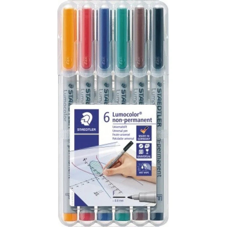 STAEDTLER Lumocolor Folienschreiber 316 WP6, 6er Etui mit feinem Strich (0,6 mm), wasserlöslicher Tinte und recyceltem Kunststoff