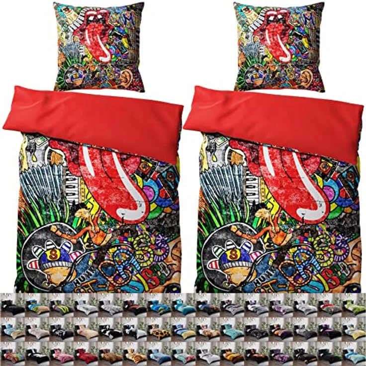Sanilo® 4-teilige Bettwäsche 135x200 cm, 100% Baumwolle, Oeko-TEX, Wendebettwäsche, Graffiti Design, 80x80 cm Kissenbezüge – Bild 1
