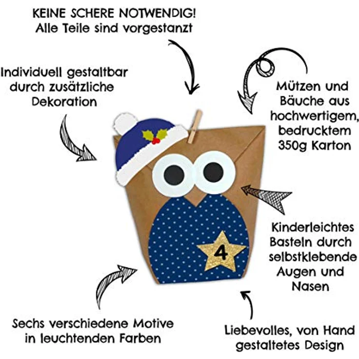 Papierdrachen DIY Adventskalender zum Befüllen - Weihnachtseulen - Eulen Weihnachten - Set Blau mit zusätzlichen Aufklebern - zum selbst basteln - für Kinder - für Jungs – Bild 4