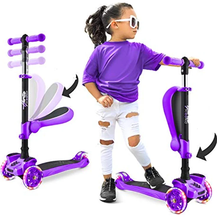 Hurtle ScootKid, Kinderscooter mit klappbarem und abnehmbarem Sitz, großen Rädern, LED-Lichtern, verstellbarem Lenker für Kinder bis 60 kg – Bild 1