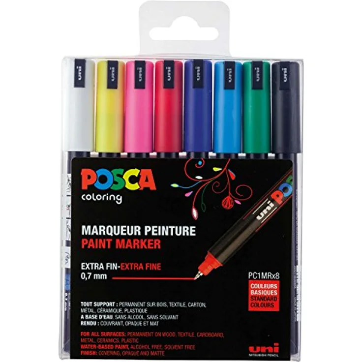 uni-ball 181708 - POSCA Marker mit kalibrierter Spitze, 8er Set, grundfarben