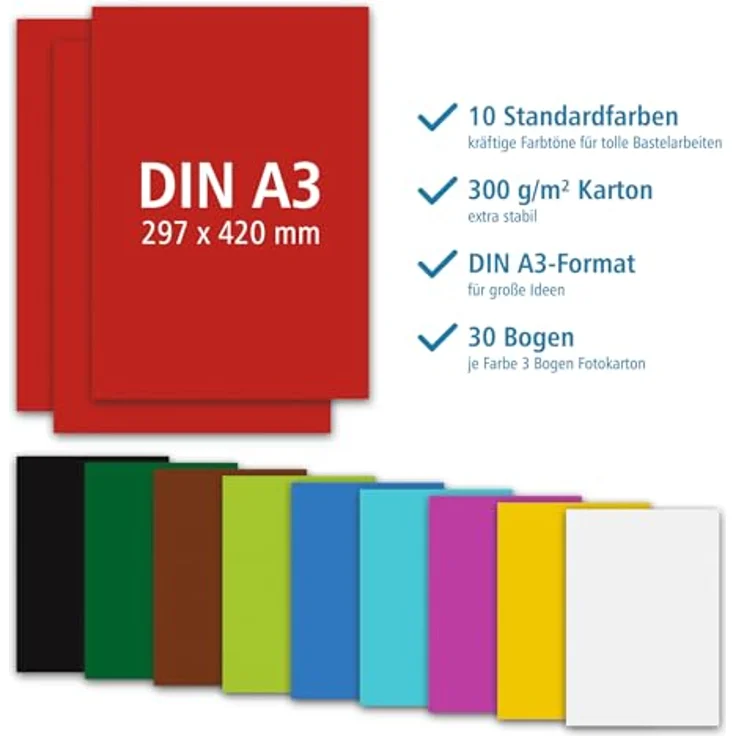 itenga Fotokarton Bogen farbig sortiert, 300 g/qm, 30 Blatt in 10 Farben (DIN A3, je 3 Blatt) – Bild 2