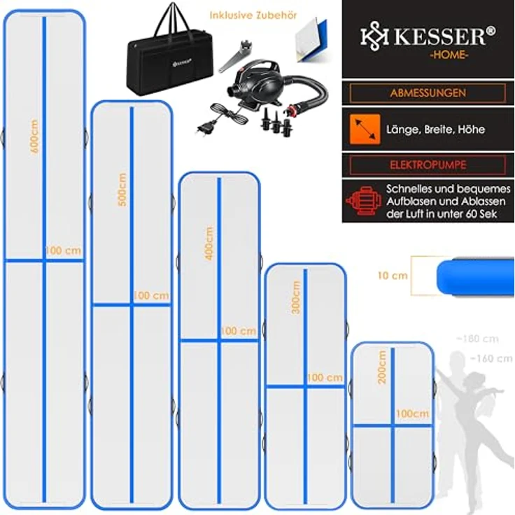 KESSER® Turnmatte Aufblasbar Airtrack Fitness-Matte Gymnastikmatte 3/4/5/6m | inkl. Tragetasche & elektr. Luftpumpe | Yogamatte, Tumbling Matten , Trainingsmatte Sportmatte Yoga, Turn- & Fitness Blau, 400 x 100 x 10 cm – Bild 8