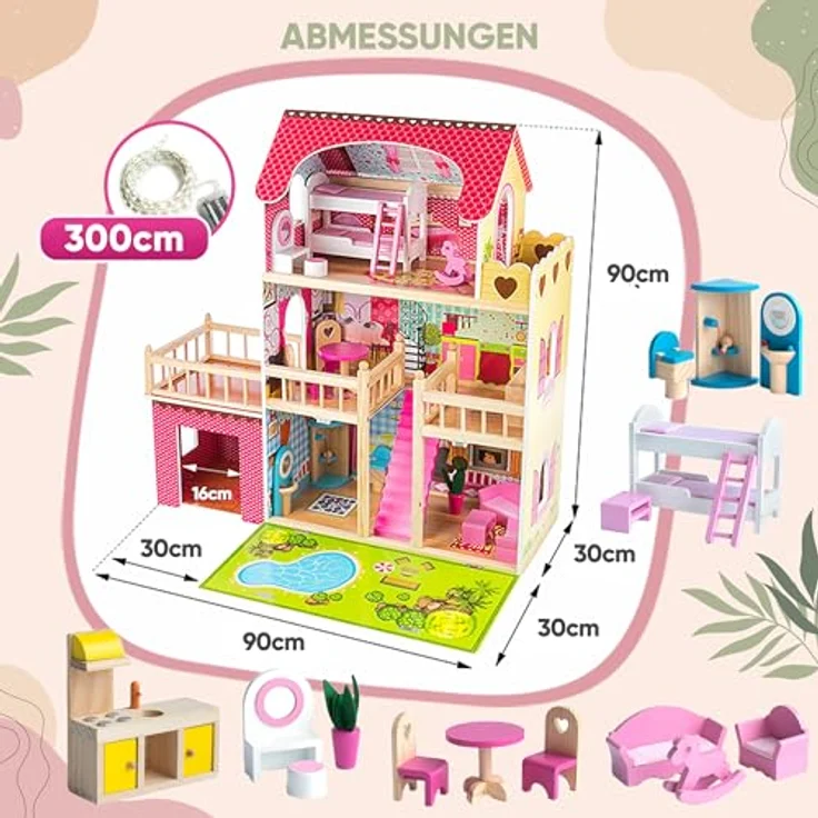 Kinderplay Dolls & Strollers Puppenhaus Puppenhaus Holz Gross, Puppenvilla - Barbie Traumvilla – Bild 6