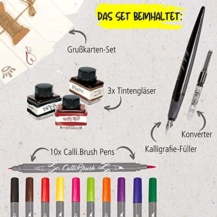 Online INSPIRATION LINE - Master Set, Schreibstifte in natürlicher Bamboo Box mit Schönschreibfüller, Kalligrafie-Feder und 10 Calli.Brush Pens (Mehrfarbig) – Bild 2