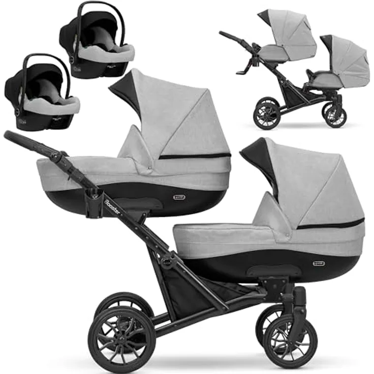 Kunert KUNERT BOOSTER 3in1 2in1 Kinderwagen Komplettset Zwillingskinderwagen Babywagen Kombikinderwagen Komplettset Geschwisterwagen Kinder Wagen set Zwillingsbuggy Doppelkinderwagen (Grau, 3 in 1 Cosmo) - Sicher, bequem und vielseitig