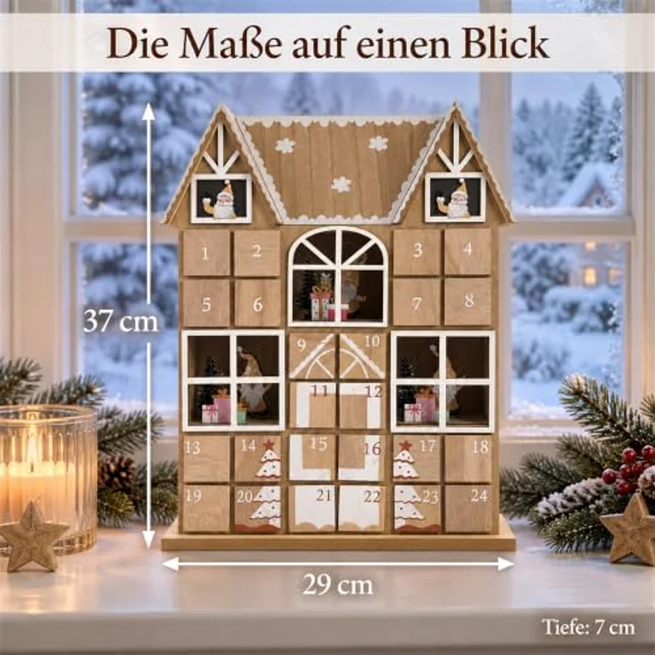INtrenDU Adventskalender aus Holz, LED-Haus mit 24 Schubladen, Naturholz mit weißen und roten Verzierungen, 37 cm – Bild 2