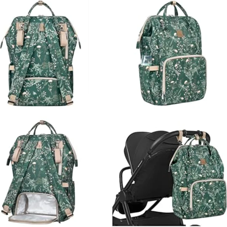 Kikka Boo Wickeltasche Siena, Rucksack mit Wickelunterlage, einstellbare Grifflänge, grün gemustert, wasserabweisend, viele organisatorische Taschen – Bild 5