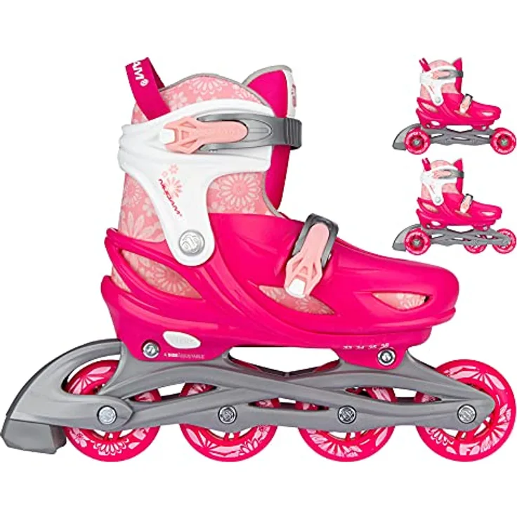 Nijdam 3-in-1 Inline Skates Adjustable - Floral Switch - Fuchsia/White/Pink/Silver Grey - 33-36