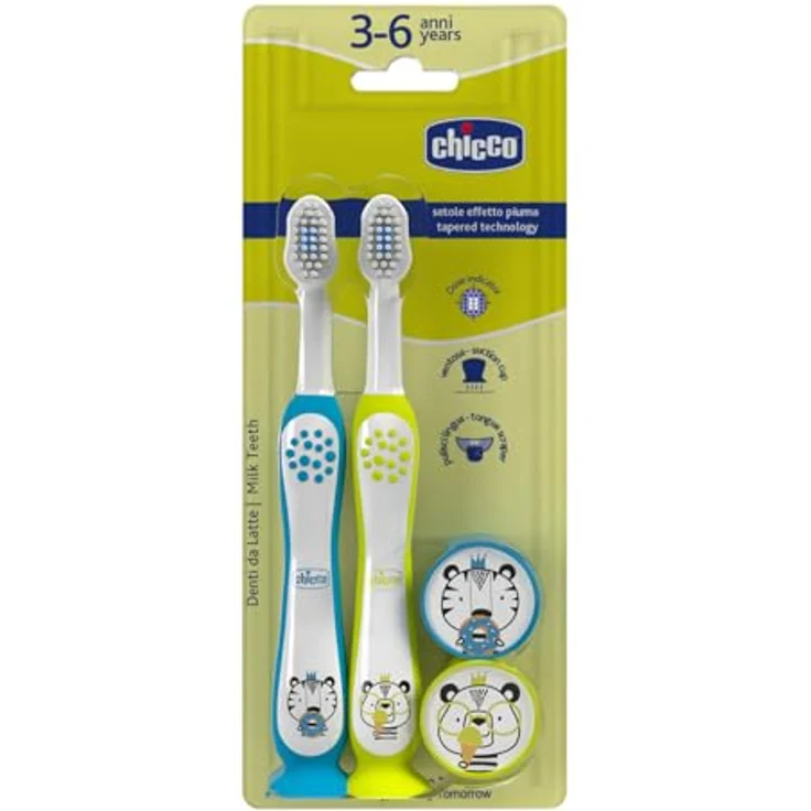 Chicco Zahnbürsten-Set, 2 Stück für Kinder, mit Saugnapf, ergonomischem rutschfestem Griff, abgerundetem Kopf und weichen Borsten, blau und gelb, für 3-6 Jahre – Bild 1