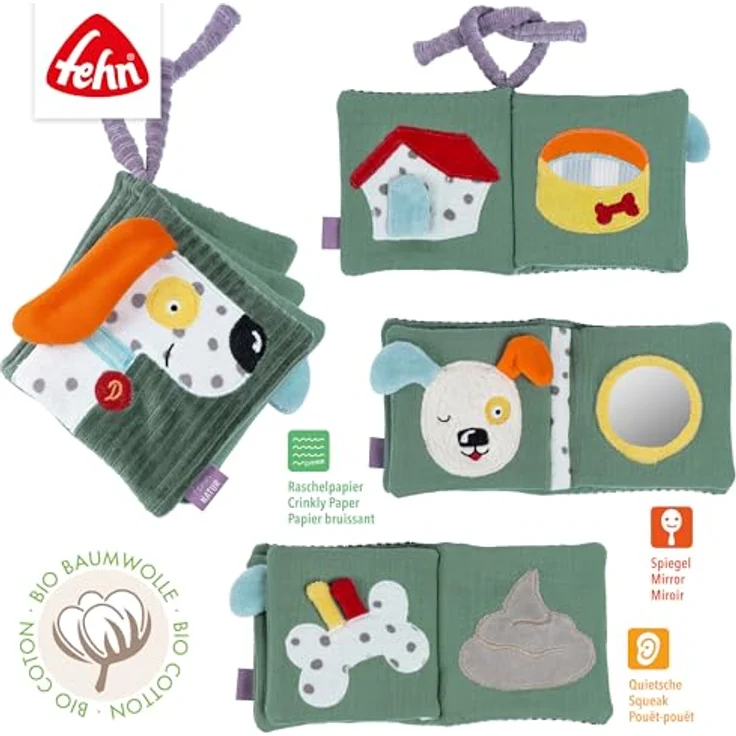 Fehn Greifspielzeug Stoffbuch Hund NATUR, aus Bio-Baumwolle mit Raschelpapier und Spiegel – Bild 4