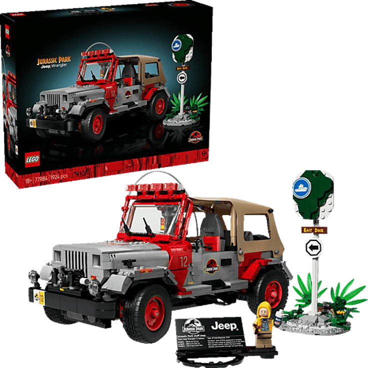 LEGO Jurassic World 77984 Park Jeep® Wrangler Bausatz, 1:10 Modell mit funktionierender Seilwinde und Minifigur Dennis Nedry, Mehrfarbig