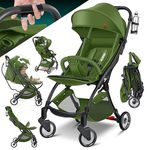KIDIZ® Kinderwagen Premium Kinderbuggy klappbar, Liegebuggy mit 360° Rädern, 5-Punkt Gurt, Getränkehalter & Regenabdeckung, verstellbare Rückenlehne & Sonnenverdeck, Khaki