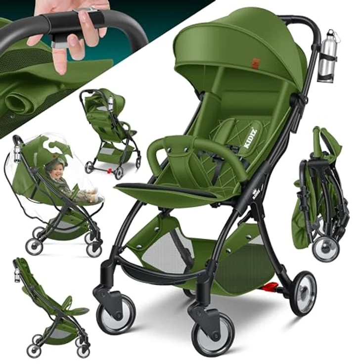 KIDIZ® Kinderwagen Premium Kinderbuggy klappbar, Liegebuggy mit 360° Rädern, 5-Punkt Gurt, Getränkehalter & Regenabdeckung, verstellbare Rückenlehne & Sonnenverdeck, Khaki – Bild 1