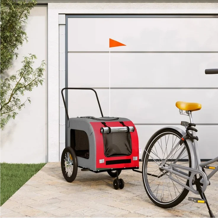 vidaXL Fahrradhundeanhänger Fahrradanhänger Hunde Rot und Grau Oxford-Gewebe und Eisen, belastbare Platte, reflektierende Flagge – Bild 1