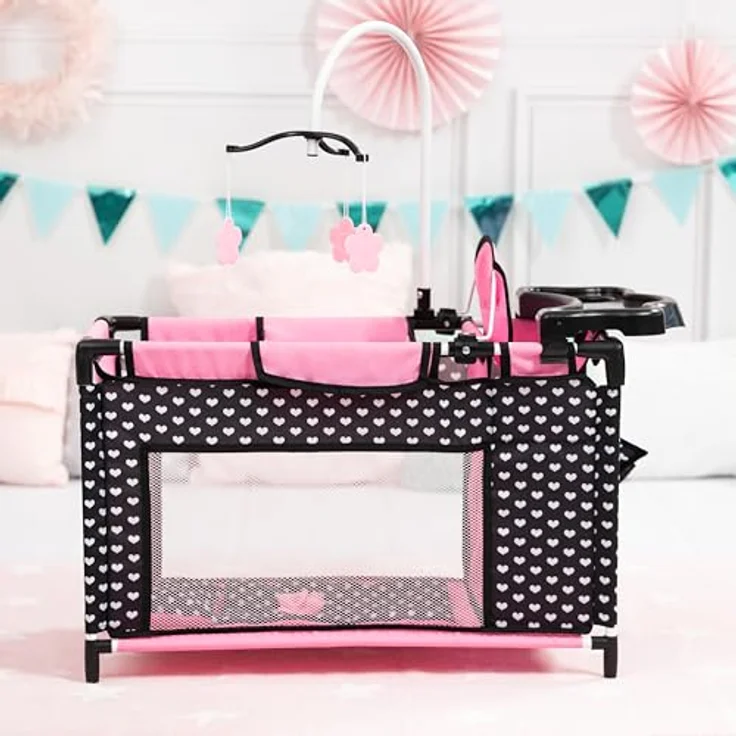 Bayer Design 62660AA Puppenbett mit Schrank, Sitz, Mobile, Ablage, Bettdecke, Kissen, schwarz, rosa, Klein, Multi-Puppenbett mit vielfältigen Spielmöglichkeiten – Bild 4