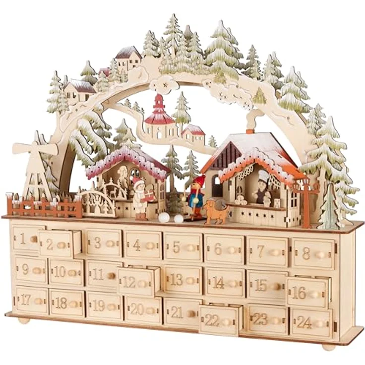 BRUBAKER Adventskalender zum Befüllen - Weihnachtsdorf 2024 aus Holz mit LED Beleuchtung - Dorf mit Kindern, Bäckerei, Hund und Wald - 40 cm Kalender mit Bogen - Braunoptik - Beleuchtet – Bild 3