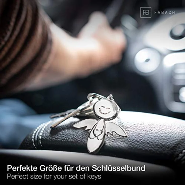 FABACH Schutzengel Schlüsselanhänger Smile mit Herz - Edler Engel Anhänger aus Metall in glänzendem Silber - Geschenk Glücksbringer Auto Führerschein - Fahr vorsichtig – Bild 4