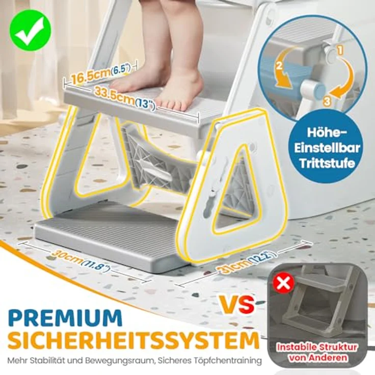 Orzbow Toilettensitz Kinder mit Treppe, stabiler Dreiecksstruktur, verstellbarem Pedal- und Spritzschutz, rutschfest und faltbar, grau – Bild 2