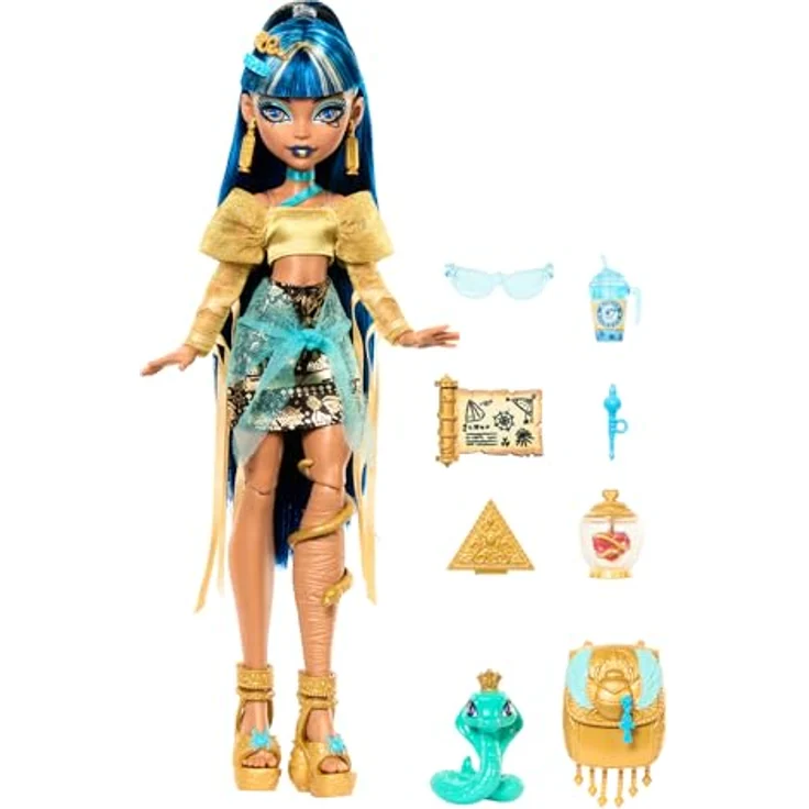 Monster High Cleo De Nile Puppe in Goldener Bluse und mehrlagigem Rock, Haustier-Kobra Hissette und Zubehör, HXH74 – Bild 4