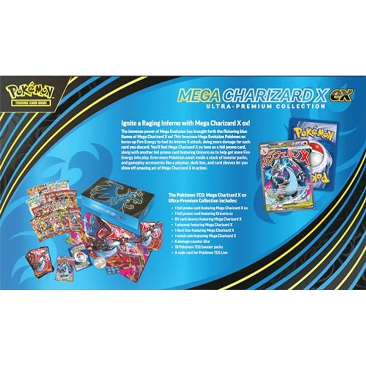 Pokémon TCG: Mega Charizard X ex Ultra-Premium-Kollektion, mit 1 Folien-Promo-Karte, 65 Kartenhüllen, Spielmatte, Deckbox, Metallmünze und 18 Boosterpacks – Bild 2