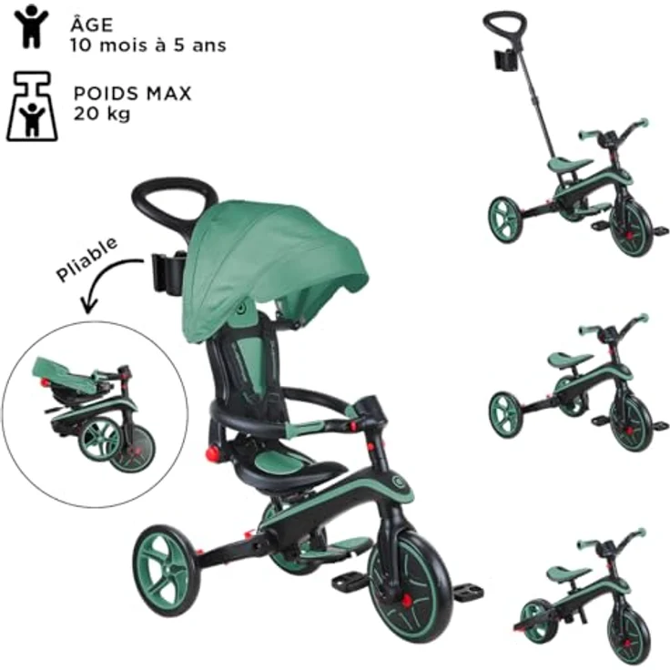 Globber Explorer Trike Foldable 4in1 Oliv - Dreirad, Laufrad und Kinderwagen in 10/8,5 Zoll - TPR-Sitz - Höhenverstellbares Kinderfahrzeug – Bild 2