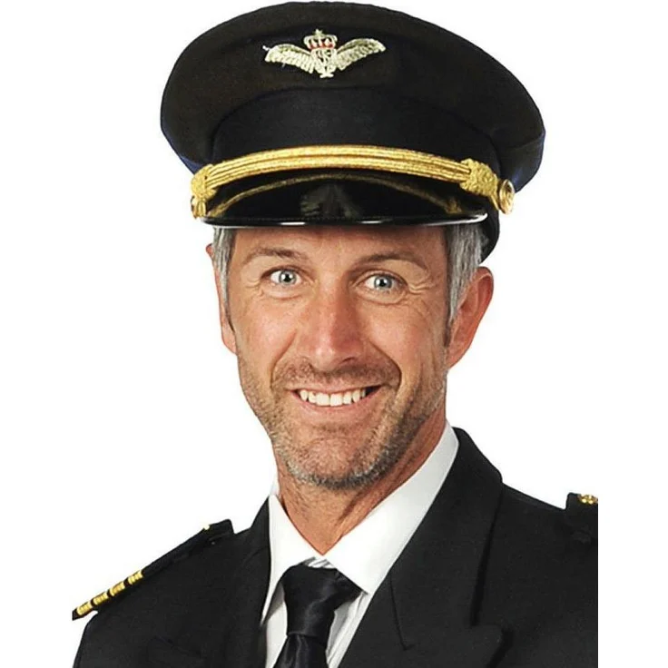 Thetru Pilotenhut schwarz, einteiliger Kostümhut mit authentischem Emblem und dekorativer Zierborte