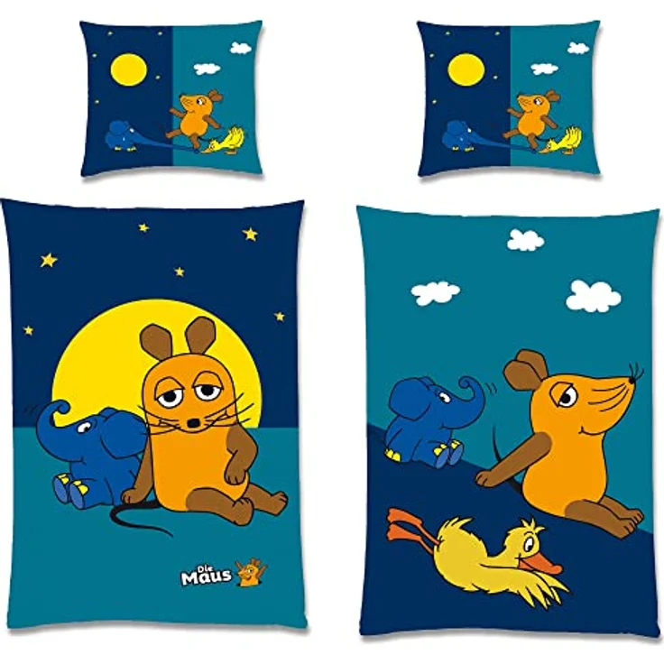 BERONAGE Die Sendung mit der Maus Kinder-Bettwäsche Night Blau 135 x 200 + 80 x 80 100% Baumwolle Renforcé-Linon-Qualität Sterne Ente Elefant Mond Wende-Bettwäsche mit Reißverschluss deutsche Größe – Bild 4