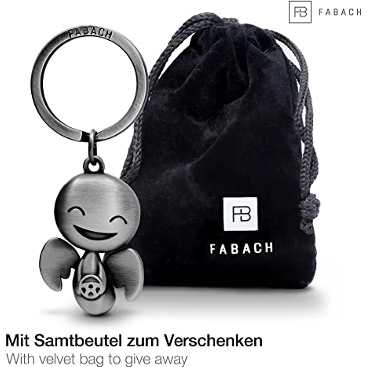 FABACH Schutzengel Schlüsselanhänger „Happy“ mit Lenkrad, Glücksbringer aus Metall in antikem Silber, für Autofahrer und Motorradfahrer, Geschenkidee zum Führerschein – Bild 2