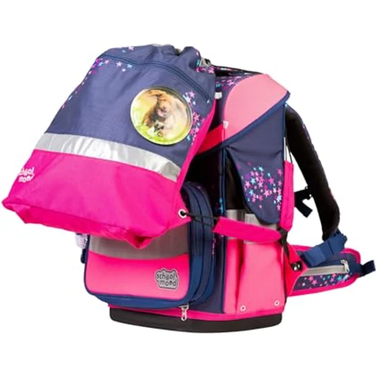 SCHOOL-MOOD Timeless Pro Schulranzenset 7-teilig 23,5L Stauraum, ergonomisches Easy Fit System für 1 m bis 1,50 m Körpergröße, standfest, wasserdichter Stoff mit Reflektoren (Mika Drache) – Bild 10