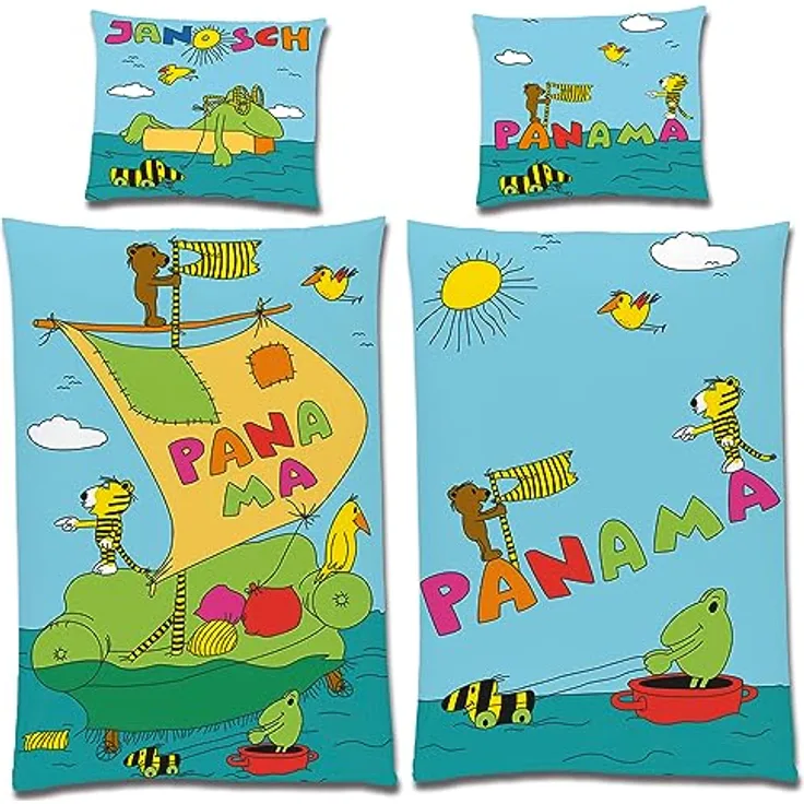 BERONAGE Janosch Kinder-Bettwäsche Panama Tigerente 135 cm x 200 cm + 80 cm x 80 cm 100% Baumwolle Renforcé-Linon-Qualität Wendebettwäsche 2 Motive Reißverschluss Kleiner Bär Tiger Günter Kastenfrosch