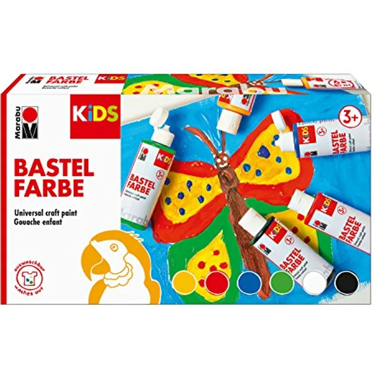 Marabu Kids Set, 6x 80 ml Bastelfarbe, parabenfrei, vegan, gut deckend, schnell trocknend, auswaschbar bei 30°