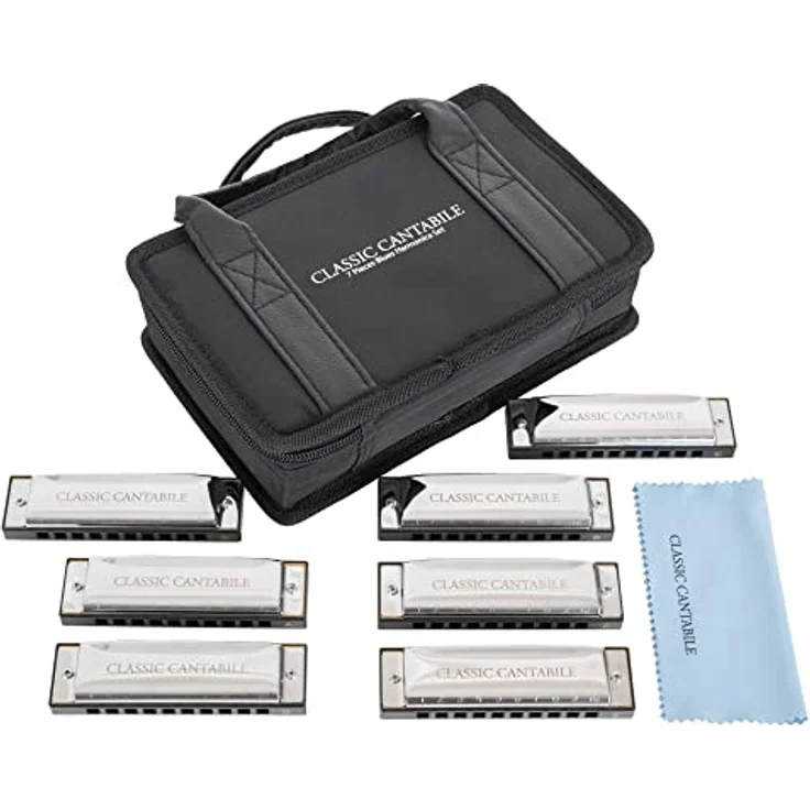 Classic Cantabile AHBS-7 Alabama Blues Harmonica 7er Mundharmonika Set - Diatonische Mundharmonikas in verschiedenen Stimmungen - 10 Messing Stimmzungen - Edelstahl-Gehäuse - Inkl. Etui & Pflegetuch – Bild 2